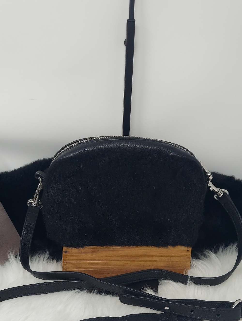 UGG Black Janey Toscany Faux Fur Crossbody Bag w/Silver Hardware, Leather Trim